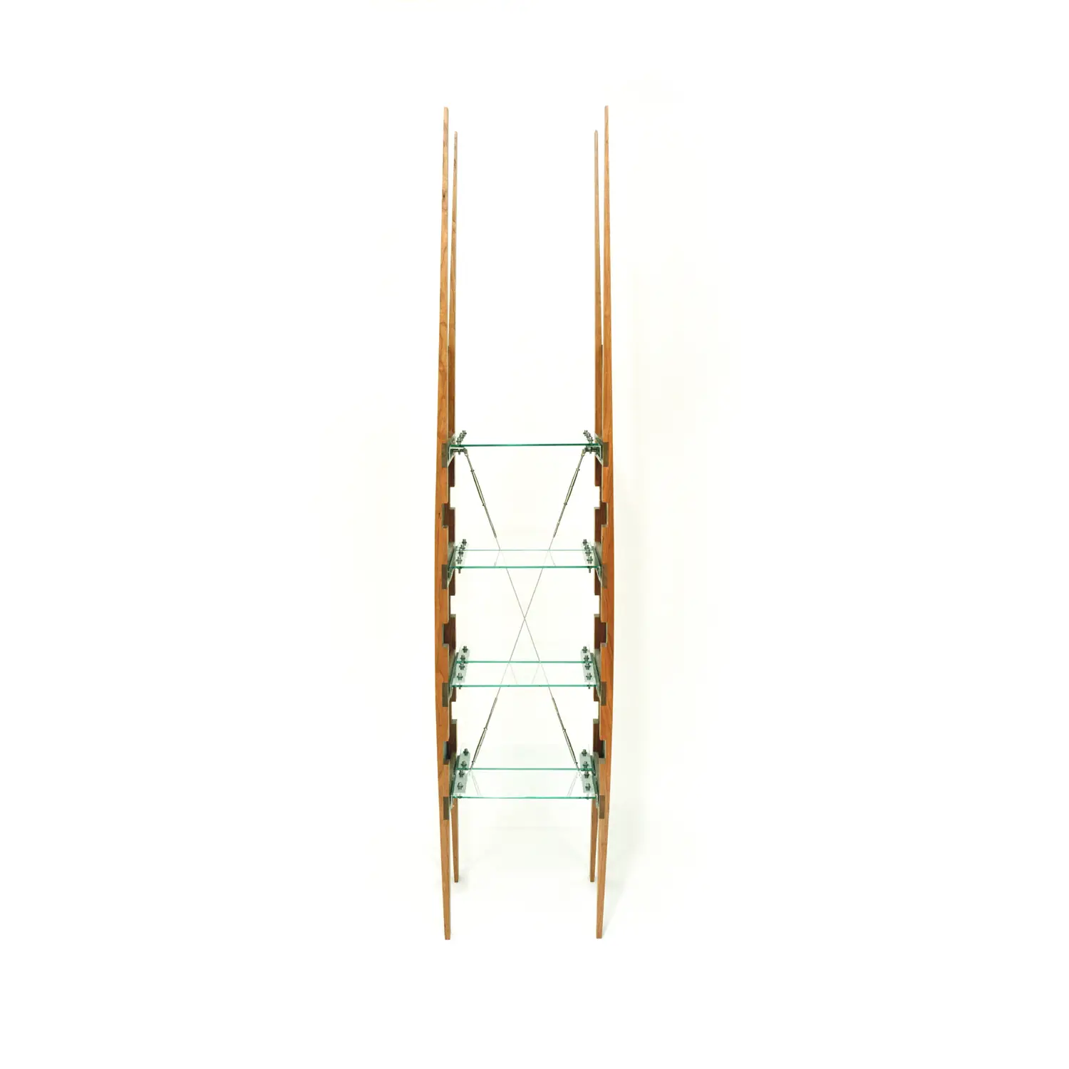 Marstrand Shelf with vertical wooden supports, glass shelves, and diagonal metal tension rods
