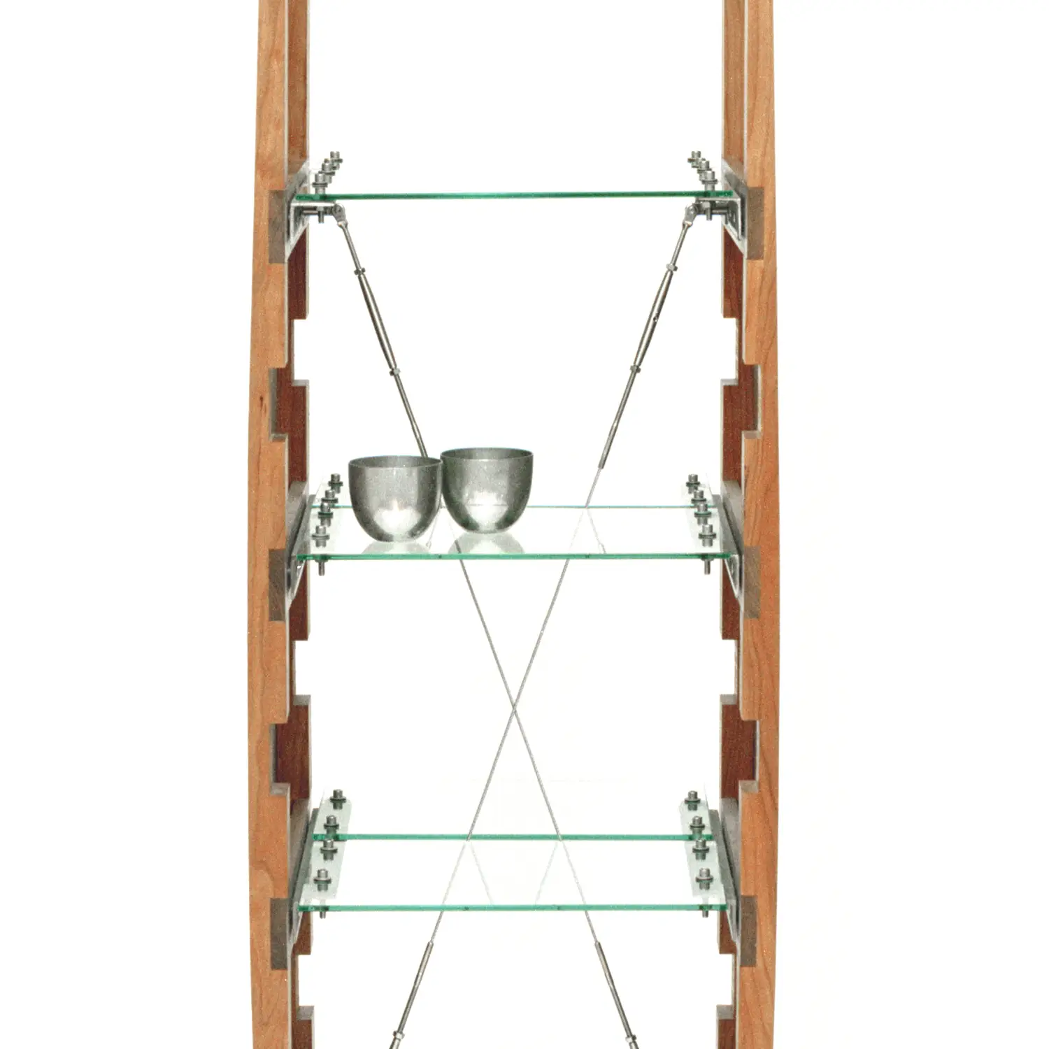 Close-up of Marstrand Shelf showing transparent glass shelves and diagonal metal cross-bracing