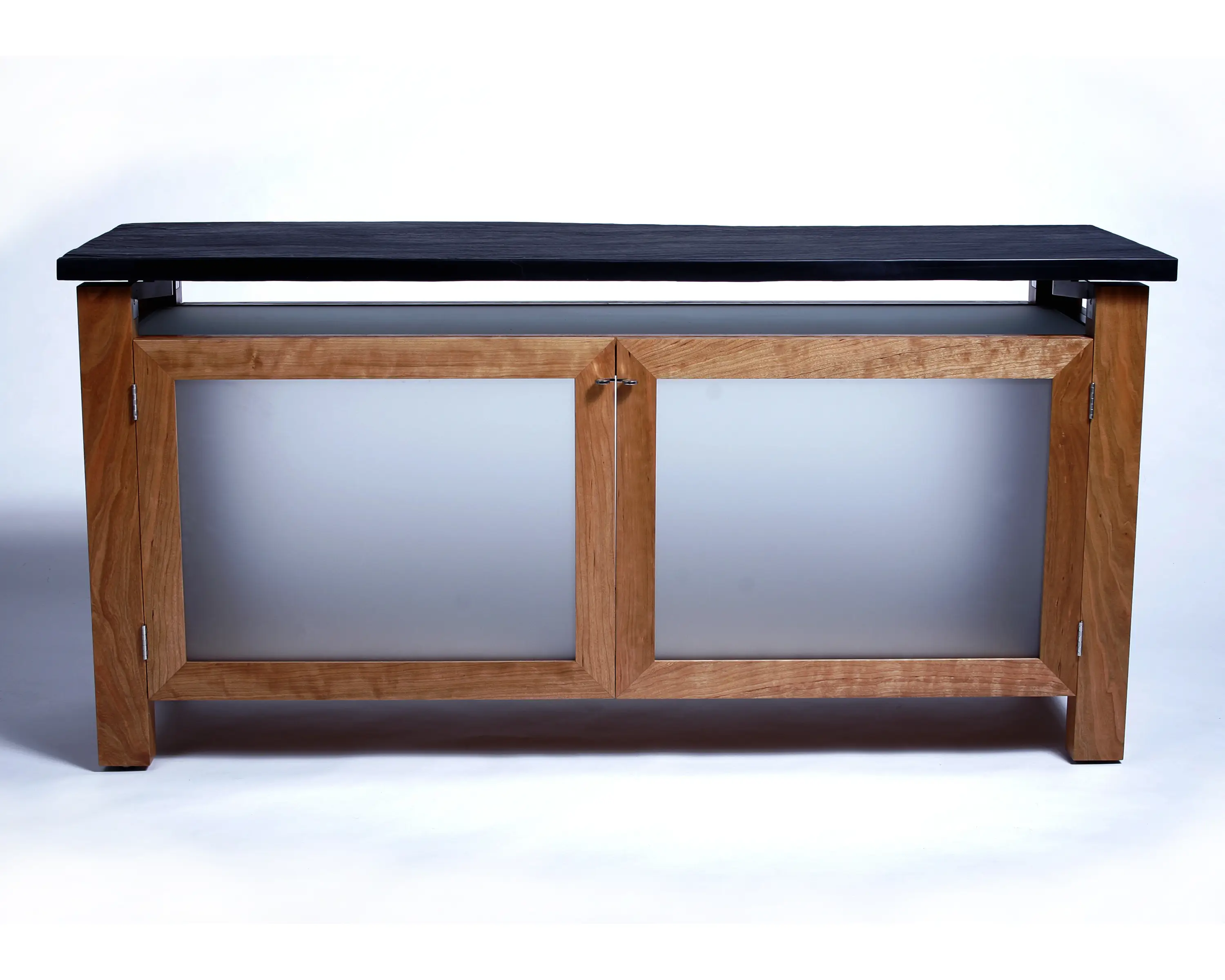 Petrone Console featuring a dark slate top above a natural wood-framed cabinet