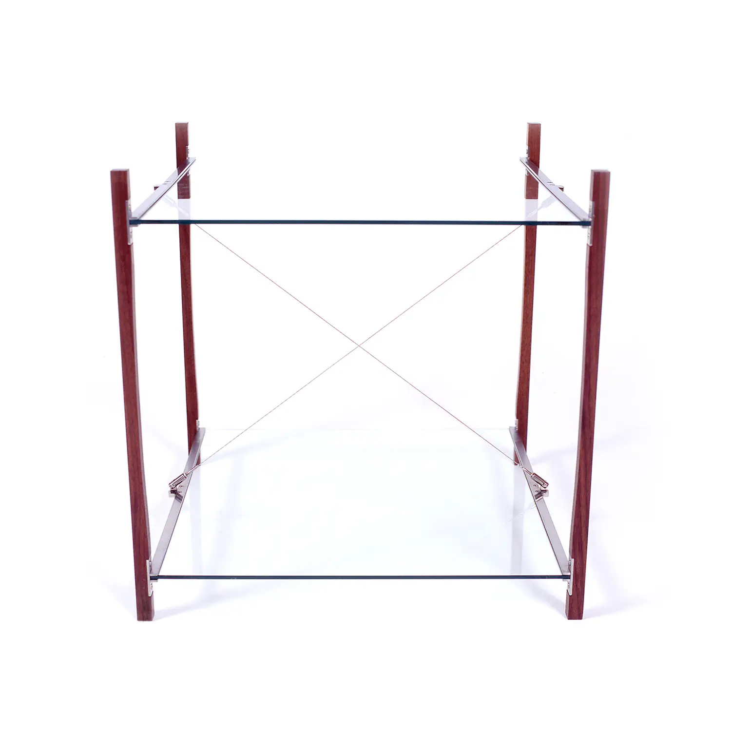 Tension Table with four wooden legs, transparent glass shelves, stainless steel brackets, and diagonal tension cables.