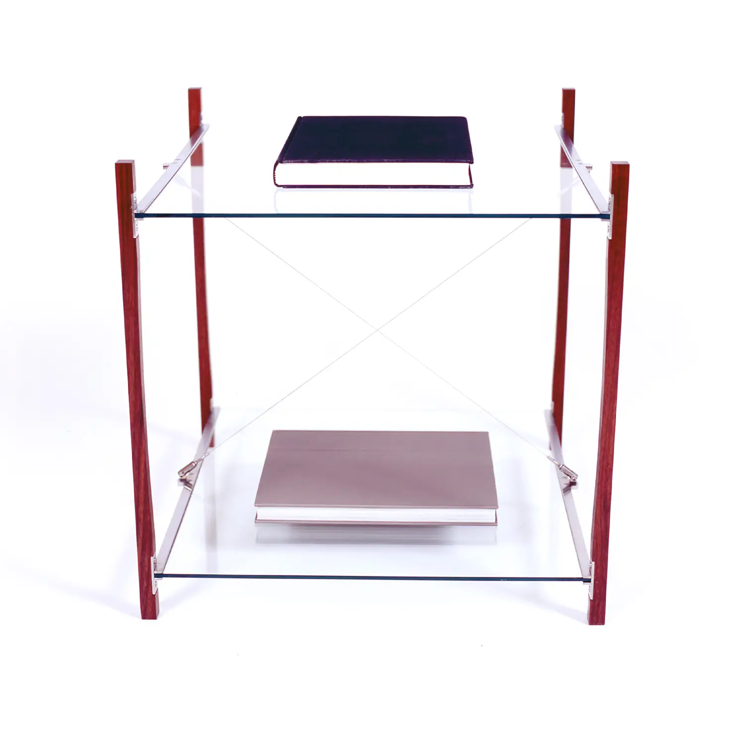 Front view of the Tension Table showing its two glass shelves and crossed tension cables.
