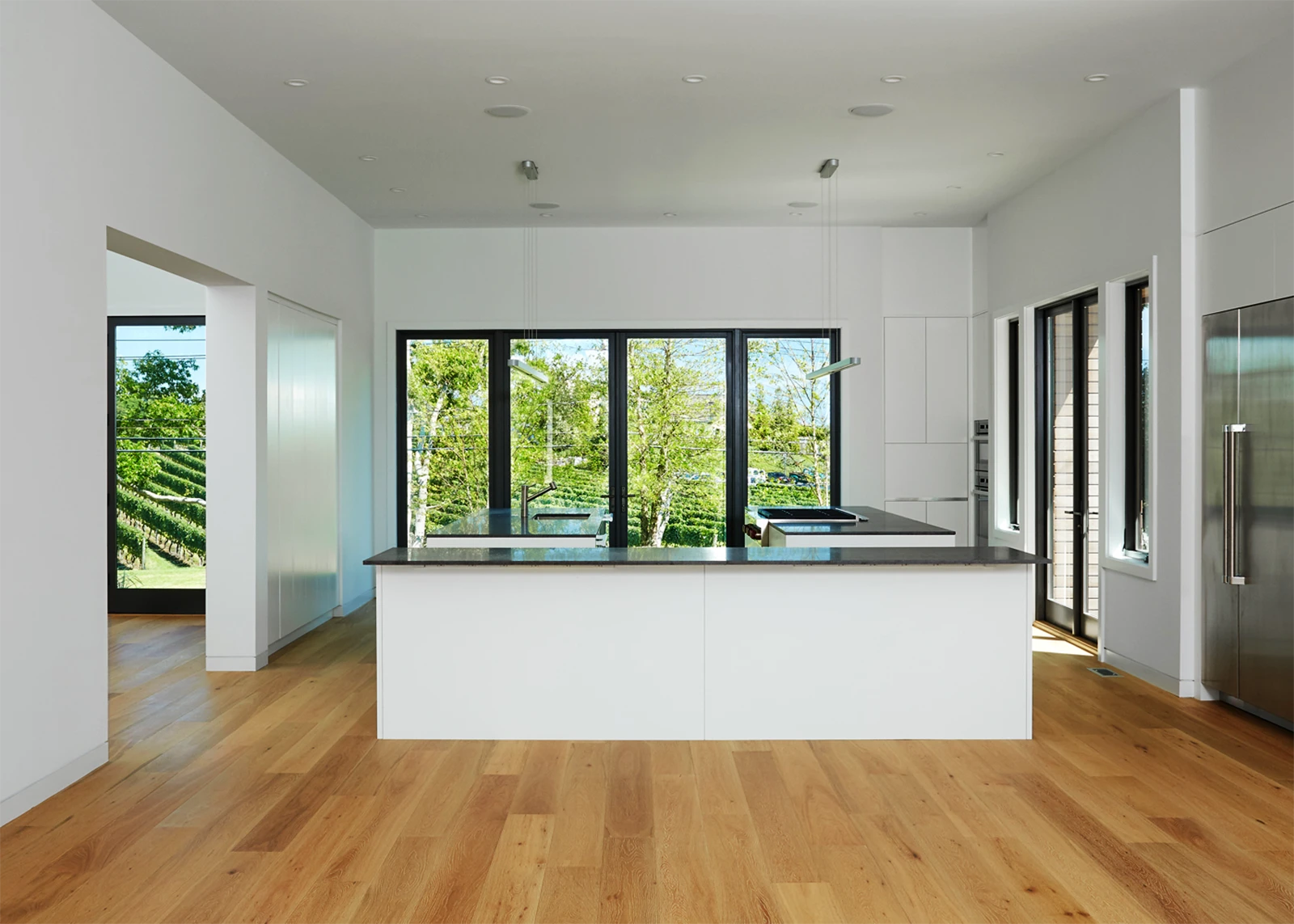 Minimalist contemporary kitchen with white cabinetry, stone-topped island, hardwood flooring, stainless steel appliances, and large black-framed garden doors.